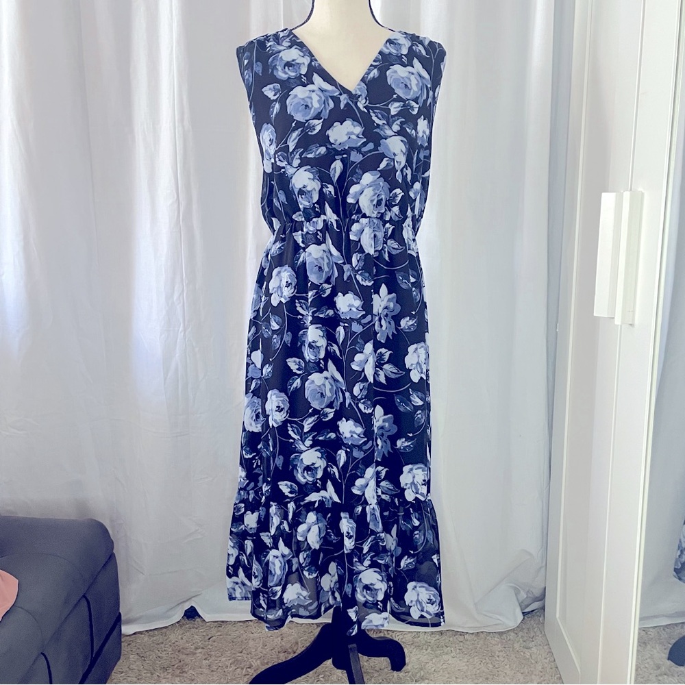 a new day | Blue Floral Maxi Ruffle Hem Spring Dress